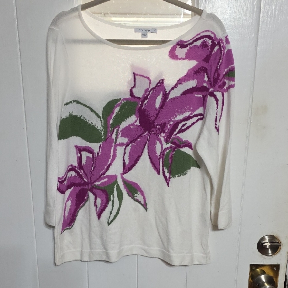 Chico's‎ Women's Sweater White W/Purple Floral Both Sides Lightweight Sz 2/M/12